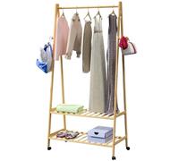 CASARIA® Perchero de Pie Ruedas 2 Estantes Burro Ropa Robusto 4 Ganchos Madera Bambú 155x70cm Dormitorio Pasillo Organizador Colgador Moderno Natural