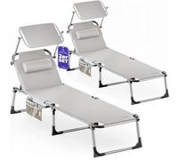 CASARIA® Set 2X Tumbonas Playa Plegable 180Kg Silla Jardín Reclinable Exterior Toldo Reposacabeza 210x61cm Bolsillo Piscina Camping Terraza Crema
