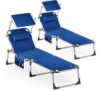 CASARIA® Set 2X Tumbonas Playa Plegable 180Kg Silla Jardín Reclinable Exterior Toldo Reposacabeza 210x61cm Bolsillo Piscina Camping Terraza Azul