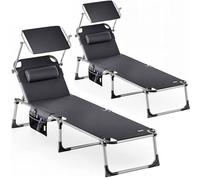 CASARIA® Set 2X Tumbonas Playa Plegable 180Kg Silla Jardín Reclinable Exterior Toldo Reposacabeza 210x61cm Bolsillo Piscina Camping Terraza Gris