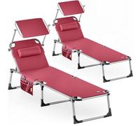 CASARIA® Set 2X Tumbonas Playa Plegable 180Kg Silla Jardín Reclinable Exterior Toldo Reposacabeza 210x61cm Bolsillo Piscina Camping Terraza Rojo