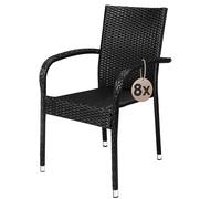 CASARIA® Set 8X Sillas Jardín Poliratán Apilables 160Kg Asiento Ergonómico Reposabrazos Resistente Intemperie Interior Exterior Terraza Balcón Negro