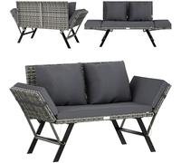 CASARIA® Sofá de Jardín Poliratán 2en1 Reclinable Tumbona Cama Banco Exterior Multifuncional Reposabrazos Ajustables Cojines Intemperie 240Kg Gris