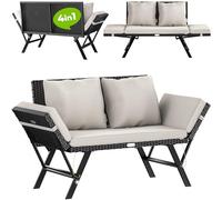 CASARIA® Sofá de Jardín Poliratán 2en1 Reclinable Tumbona Cama Banco Exterior Multifuncional Reposabrazos Ajustables Cojines Intemperie 240Kg Negro