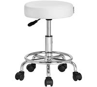 Casaria Taburete Giratorio con Ruedas Blanco Altura Asiento Ajustable 51-65 cm Travesaños de Acero Cromado Silla de Oficina