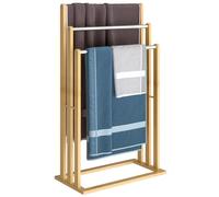CASARIA® Toallero de Madera de Bambú 3 Barras Acero Inoxidable 84x46x24cm | Sin Taladrar, Soporte, Articulos Tocador, Baño,Compacto, Robusto, Material Sostenible
