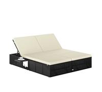 CASARIA Tumbona Doble Jardín 200x160 cm Negro Crema | 2 Personas, Carga 220Kg, Poliratán Resistente Intemperie, Cojín 7 cm, Funda Lavable, 2 Mesitas Plegables, Respaldo Ajustable