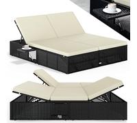 CASARIA® Tumbona Doble Jardín 200x160cm 2 Mesas Plegable Cojín Poliratán Resistente Intemperie 7 Posiciones Negro Crema