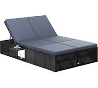 CASARIA® Tumbona Doble Jardín con Mesa Plegable Cojín 7cm Poliratán Resistente Intemperie Carga hasta 220Kg Regulable Mueble Exterior 2 Personas 200x115cm Negro Antracita