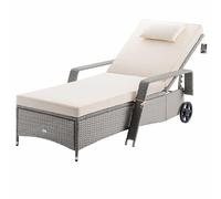 CASARIA® Tumbona Jardín Poliratán hasta 160kg 193x90cm Respaldo Regulable Acolchado 7cm Cojín 2 Ruedas Crema