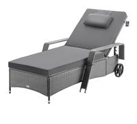 CASARIA® Tumbona Jardín Poliratán hasta 160kg 193x90cm Respaldo Regulable Acolchado 7cm Cojín 2 Ruedas Gris