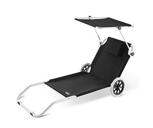 CASARIA Tumbona Jardín Silla Playa Portatil Carrito Plegable 2 Ruedas 150x52cm 115Kg Parasol Cojin