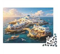 Casas Blancas Mediterráneas Puzzle de 1000 Piezas Papel para Adultos Vista Isla Mar Relajante Decoración Familiar Regalo Entretenimiento 70x50cm/1000pcs