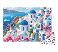 Casas Blancas Mediterráneas Puzzle para Adultos Puzzle de 1000 Piezas Iglesia de Cúpula Azul Puzzle para Toda la Familia Relajación Decoración Hogar 70x50cm/1000pcs
