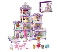 Casas de muñecas de 4 pisos y 13 habitaciones en miniatura, juego de villa con 3 princesas y 2 cachorros y accesorios para muebles, para niñas, niños, edades de 4 a 6 años, juego de rol en interiores