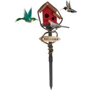 Casas de pájaros para exteriores con poste, casa de pájaros de madera de 27.6 pulgadas de alto, soporte de casa de pájaros, estaca decorativa para jardín para césped, patio, color rojo, casas de
