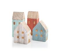 Casas Marinas Mini Madera, Set de 4: decoración hogar, Adornos Marineros Mesa y estantería, Detalles Playa, Verano y mar, Deco baño, salón y Dormitorio, Figuras pequeñas Estilo Costa, 9-13 cm