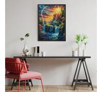 Cascada al Atardecer Castle Puzzles 500 Piezas Estera Portátil Familiar Flores de Animales Salvajes Rompecabezas para Adultos Aliviar Estrés 3D Maquetas Construir DIY Moderno 500 PCS