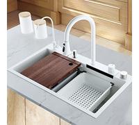 Cascada De Fregadero De Cocina De Tazón Único 29,5 × 17,7 "304 Acero Inoxidable, Fregadero De Nanobarra Blanco, con Grifo De Extracción Multifuncional Y Accesorios De Fregadero