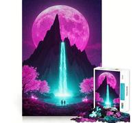 Cascada de neón bajo la Luna Rosa, Rompecabezas de 1000 Piezas para Adultos, Juguete para ejercitar la Mente, Divertido y Relajante, Pieza de Arte para armar (38x26cm)
