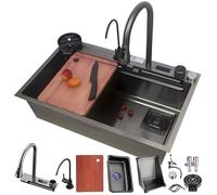 Cascada Negra, Fregadero Grande de un Solo tazón de Acero Inoxidable con Grifo extraíble de 360°, Pantalla LED, sifón y desagüe. Barra de preparación Moderna para Cocina (Negro n.°
