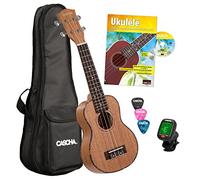 CASCHA HH 2027 FR Premium Soprano Ukulele Bundle en caoba con cuerdas de AQUILA, bolsa acolchada, formación en ukelele en francés (+DVD), afinador y 3 púas