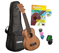 CASCHA HH 2027 IT Ukelele Soprano, Caoba, Bundle con Curso de Ukelele en italiano, Afinador, Bolsa Acolchada, 3 Púas y Cuerdas de Aquila