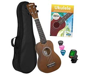 CASCHA HH 3956 DE Ukulele Soprano con cuerdas de AQUILA, bolsa de almacenamiento, formación en ukelele en alemán (+DVD), afinador y 3 púas