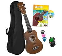 Cascha HH 3956 ES Ukelele, Bundle con Curso de Ukelele, Afinador, Bolsa Acolchada, 3 Púas y Cuerdas de Aquila, Castaño