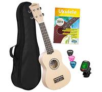 CASCHA Ukelele soprano alemán para niños y adultos, kit para principiantes con 3 púas, funda, libro de aprendizaje, vídeo sobre el afinador de código QR, cuerdas Aquila de nailon, guitarra hawaiana pequeña, color crema