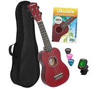 Cascha Ukelele soprano para niños y adultos, kit básico con 3 púas, funda, libro de aprendizaje, vídeo de aprendizaje sobre código QR, afinador de cuerdas Aquila de nailon I pequeña Hawaii I rojo