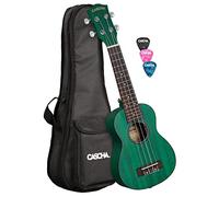 CASCHA Ukelele soprano para zurdos, aguamarina, caoba, kit de iniciación, 3 púas de colores, funda de transporte, prémium, guitarra hawaiana pequeña para principiantes y avanzados