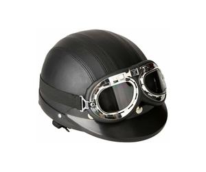 Casco abierto de media carcasa estilo vintage, casco de moto retro de cuero, casco de moto estilo alemán, ligero, protector, para moto