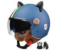 Casco Abierto para Motocicleta para Adultos, con Doble Lente Y SimpáTicas Orejas De Gato, Homologado Ece, Apto Tanto para Hombres como para Mujeres. K,XL:61-62CM