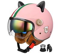 Casco Abierto para Motocicleta para Adultos, con Doble Lente Y SimpáTicas Orejas De Gato, Homologado Ece, Apto Tanto para Hombres como para Mujeres. P,XL:61-62CM
