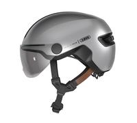 Casco Urbano HUD-Y Ace de ABUS: Elegante Casco de Bicicleta con Visera y luz Trasera LED Recargable magnética, para Hombre y Mujer, Color Plateado, Talla L.
