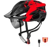 Casco de Bicicleta RaMokey con Protección para Los Ojos Luces Traseras LED Cable de Carga USB Extraíble Gafas Protectoras Magnéticas Casco Transpirable y Ajustable para Mujeres y Hombres 57-61cm (Red)