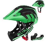 Casco de Ciclismo para Niños, Casco Integral para Niños con Protector de Barbilla Desmontable, Casco Deportivo Infantil 2 en 1 para MTB, BMX, Skateboard y Scooter, Unisex, 52-56 cm (Negro Verde)