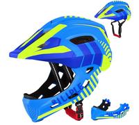 Casco de Ciclismo para Niños, Casco Integral para Niños con Protector de Barbilla Desmontable, Casco Deportivo Infantil 2 en 1 para MTB, BMX, Skateboard y Scooter, Unisex, 52-56 cm (Azul Amarillo)