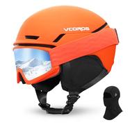 Casco de Esquí Kit con Gafas de Esquí Capucha Transpirable UV Seguridad Comodidad Casco de Snowboard mit Orejeras Extraíbles para Hombre Mujer (Naranja Mate+Gafas de Esquí+Pasamontañas, Medium)