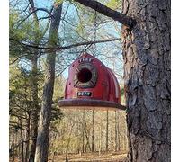 Casco de fuego de estilo retro, casa de pájaros, locomotora roja, comedero de pájaros, casa de pájaros, hogar al aire libre, patio, resina, árbol colgante