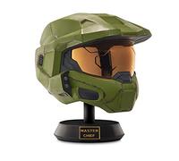 Casco de Lujo del Jefe Maestro con Soporte con Luces LED a los Lados y Pintura dañada por la Batalla. Talla única. Construye tu Universo