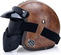 Casco De Moto Jet En Cuero Retro Con Máscara Y Gafas, Homologado ECE 22.06 Casco Scooter Abierto 3/4 Para Ciclomotor Cruiser Custom Bobber Cafe Racer Hombre 17,XL/(61~62cm)