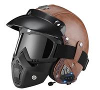Casco de moto jet retro de cuero con Bluetooth, casco tipo jet para adultos, homologado ECE 22.06, cascos 3/4 para hombres y mujeres, ciclomotor, scooter, chopper. 1,M=55-56CM