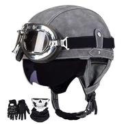 Casco de moto retro, casco de media calota de cuero, casco de ciclomotor homologado ECE con gafas, casco jet, moto cruiser, scooter, casco de ciclomotor moderno 1,S=55-56CM