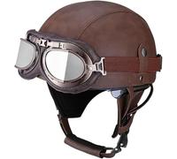 Casco De Moto Retro Medio Cuero De Abierto con Gafas De Aviador Cascos Jet Vintage Cruiser Moto Scooter Medio Casco Jet Estilo Alemán Dot/ECE Homologado para Mujer Hombre Adulto 7,XL