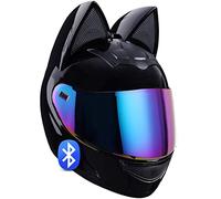 Casco De Motocicleta Bluetooth De Cara Completa para Mujer Y Niña, Casco De Moto Modular con Orejas De Gato, Casco De Motocicleta De Cara Completa Certificado ECE, con Visera C,M(50-53 cm)