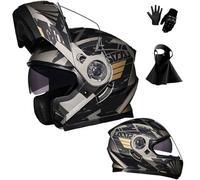Casco de Motocicleta, Casco Integral Modular Abatible con Doble Visera, Casco de Moto Homologado por El Dot con 2 Viseras, MáScara Facial Y Guantes para Adultos Hombres Y Mujeres(F04,2XL(61-62cm))
