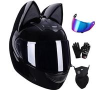 Casco De Motocicleta Orejas De Gato Dibujos Animados Lindo con Auriculares, Hombres Y Mujeres Cool Cat Locomotive Casco Cara Completa Moto Adultos Todas Las Estaciones,certificación ECE