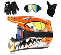 Casco de Motocross Juvenil, Casco de Moto para NiñOs, MX Quad ATV, Deportes Enduro, Casco Integral para Adultos, con Gafas, MáScara Y Guantes(Orange Teeth,L(56-57cm))